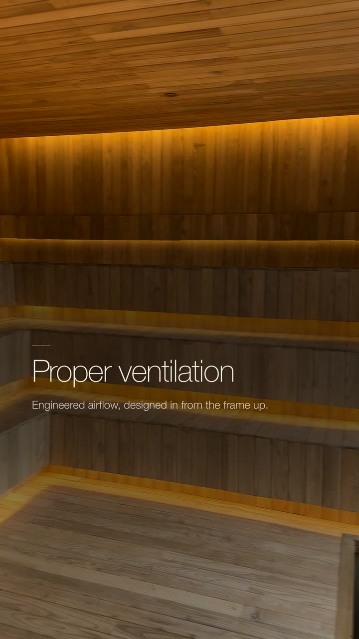 Renovation of a 6 by 4 metre sauna in Bali — the room as found, the steel frame and timber work, and the finished sauna